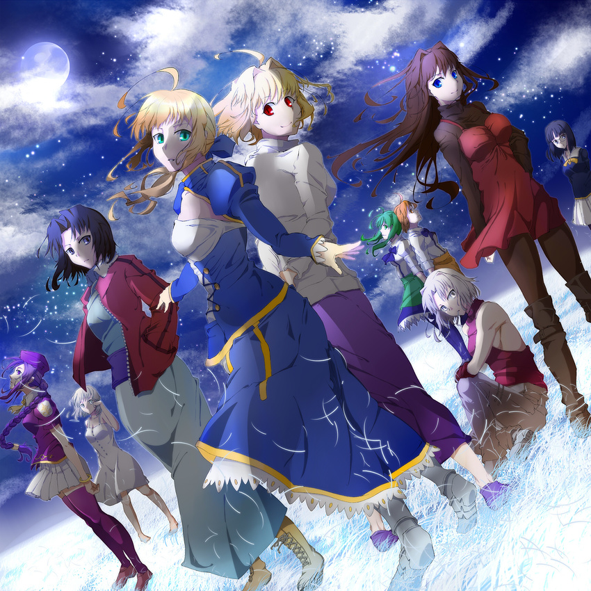 6+girls ahoge aozaki_aoko arcueid_brunestud blonde_hair blue_eyes braid breasts brown_hair canaan canaan_(character) crossover dress fate/stay_night fate_(series) female full_body full_moon green_eyes green_hair grey_eyes group hat hibino_hibiki kara_no_kyoukai katsuragi_chikagi komo_(pixiv) long_hair mahou_tsukai_no_hako mahou_tsukai_no_yoru medium_hair melty_blood moon multiple_girls orange_hair outdoors pantyhose purple_hair red_eyes ryougi_shiki saber sajou_ayaka school_uniform short_hair sion_eltnam_atlasia skirt sky sundress tied_hair tsuki_no_sango tsukihime white_hair