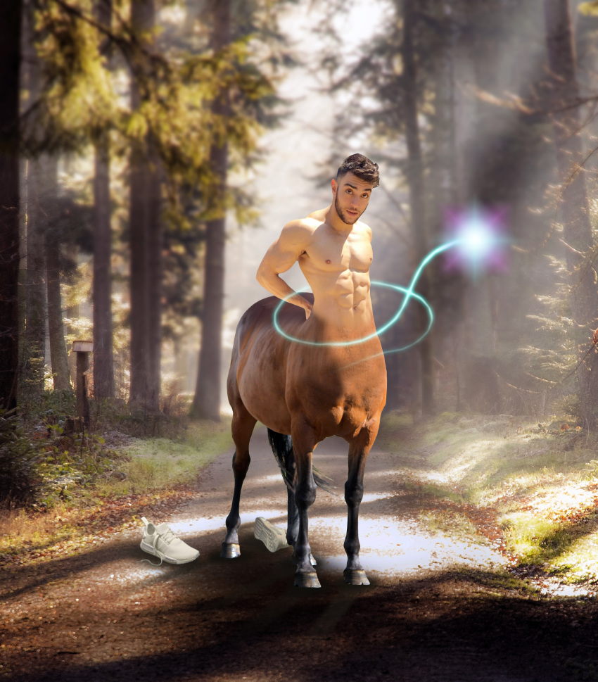 centaur clothing equine equine_taur footwear forest hair hooves horse light magic male mammal muscular muscular_male nipples nude pan-demonium pecs shoes solo standing taur transformation tree