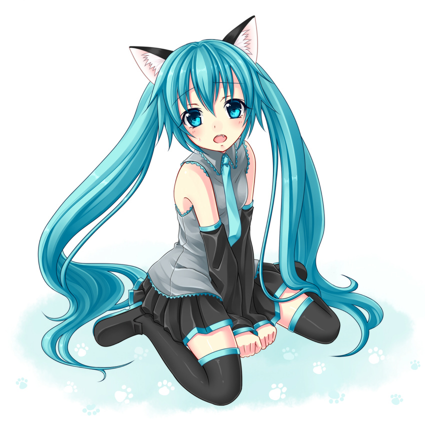 animal_ears aqua_eyes aqua_hair cat_ears detached_sleeves fang full_body hatsune_miku highres kotobuki0101 loafers long_hair looking_at_viewer necktie open_mouth shoes sitting skirt solo thighhighs twintails very_long_hair vocaloid wariza