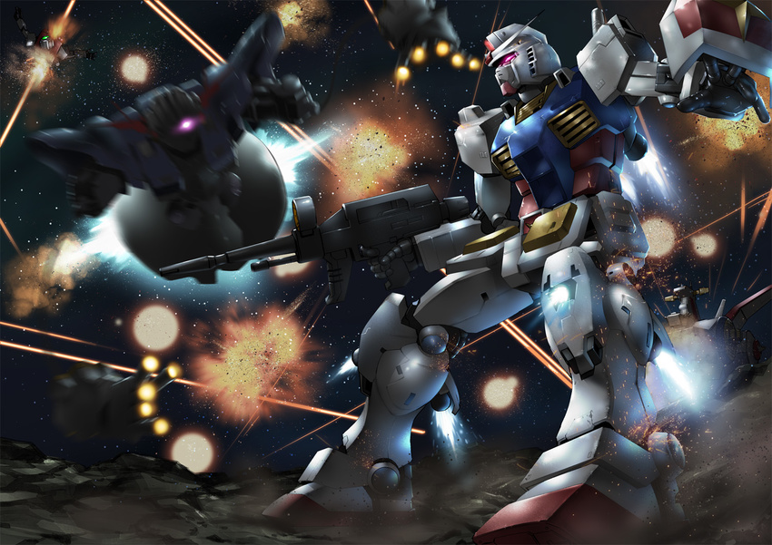 battle beam damaged explosion gm_(mobile_suit) gun gundam mecha mobile_suit_gundam paintedmike rx-78-2 shield space space_craft weapon white_base zeong