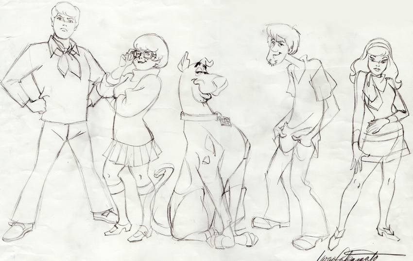 concept_art daphne_ann_blake daphne_blake dog facial_hair freckles frederick_herman_jones glasses hairband iwao_takamoto monochrome scarf scooby-doo scooby-doo_(character) shaggy_rogers velma_dace_dinkley velma_dinkley