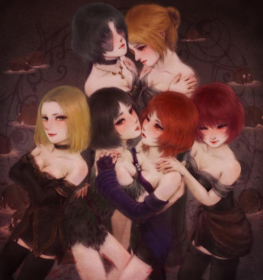 6+girls artist_request bare_legs bare_shoulders black_dress black_gloves black_hair blonde_hair blue_eyes blush breasts brown_hair choker cleavage collarbone demon's_souls demon's_souls detached_collar dress elbow_gloves female fingerless_gloves from_software girl_sandwich gloves highres hug incipient_kiss jewelry legs lips lipstick looking_at_another looking_at_viewer makeup multiple_girls mutual_yuri neck necklace one_eye_closed purple_dress purple_gloves red_eyes red_hair red_lipstick sandwiched short_hair skull smile souls_(from_software) standing strapless strapless_dress wince wink yuri