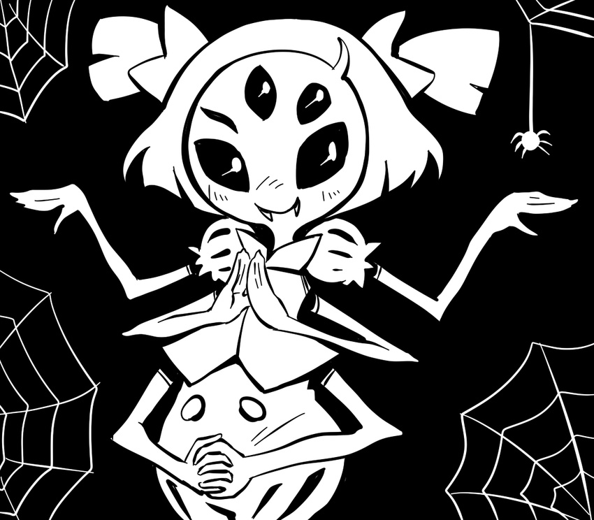 black_background blush extra_eyes fangs itimu looking_at_viewer monochrome monster_girl muffet multiple_arms multiple_eyes short_hair short_twintails simple_background smile solo spider_girl twintails undertale