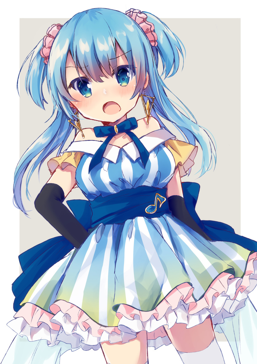 1girl :o asanagi_kurumi_(panda-doufu) bangs black_gloves blue_dress blue_eyes blue_hair blush breasts dress earrings eighth_note elbow_gloves eyebrows_visible_through_hair frilled_dress frills gloves grey_background hair_between_eyes hair_ornament hair_scrunchie highres jewelry long_hair looking_at_viewer magia_record:_mahou_shoujo_madoka_magica_gaiden mahou_shoujo_madoka_magica minami_rena musical_note open_mouth pink_scrunchie scrunchie small_breasts solo striped thighhighs two-tone_background two_side_up vertical-striped_dress vertical_stripes white_background white_legwear