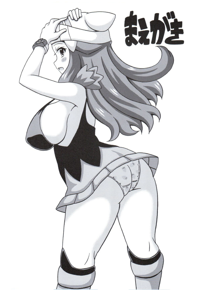 1girl ass back bare_shoulders blush breasts female hikari_(pokemon) koutarosu large_breasts legs long_hair looking_at_viewer looking_back monochrome nintendo open_mouth panties panty_shot pantyshot pokemon print_panties scan sideboob skirt solo standing strawberry_panties thick_thighs underwear wide_hips