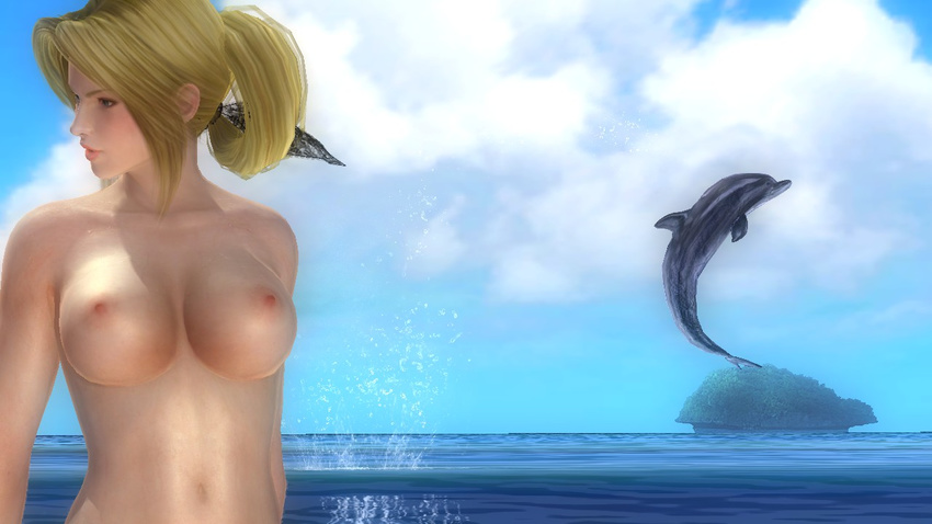 1girl beach blonde_hair blue_eyes breasts cloud dead_or_alive dead_or_alive_5 dolphin helena_douglas large_breasts nipples nude ocean photoshop screencap screenshot sky water