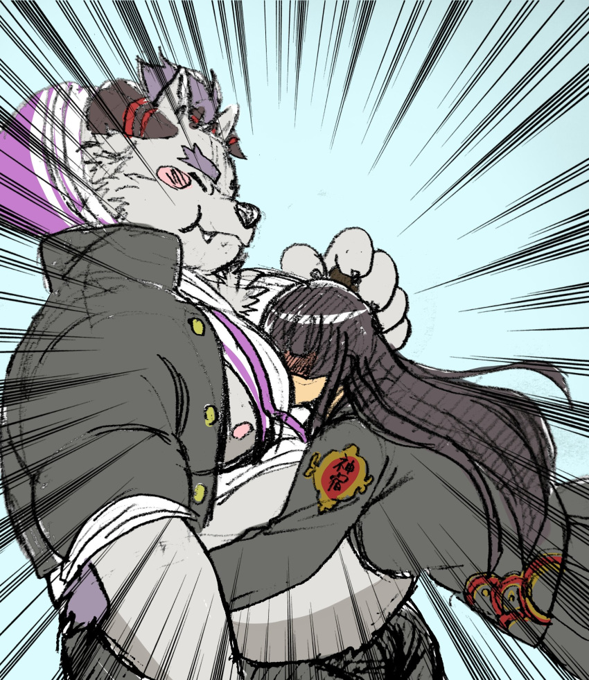 behemoth_(housamo) belly blush clothing face_in_chest female female_protagonist_(tas) hoodie human male mammal monster moobs motomotokou nipples overweight tokyo_afterschool_summoners video_games