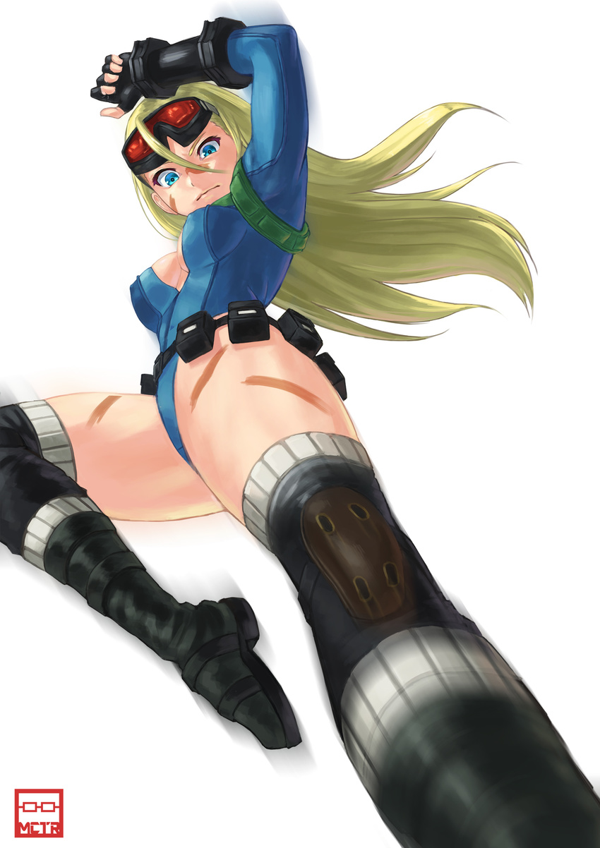 alternate_costume alternate_hairstyle blonde_hair blue_eyes blue_leotard boots breasts cammy_white camouflage center_opening covered_nipples facepaint fingerless_gloves flying_kick gloves goggles goggles_on_head hair_between_eyes hair_down highres kicking knee_pads leotard long_hair medium_breasts michitarou solo street_fighter street_fighter_v thigh_boots thighhighs thong_leotard