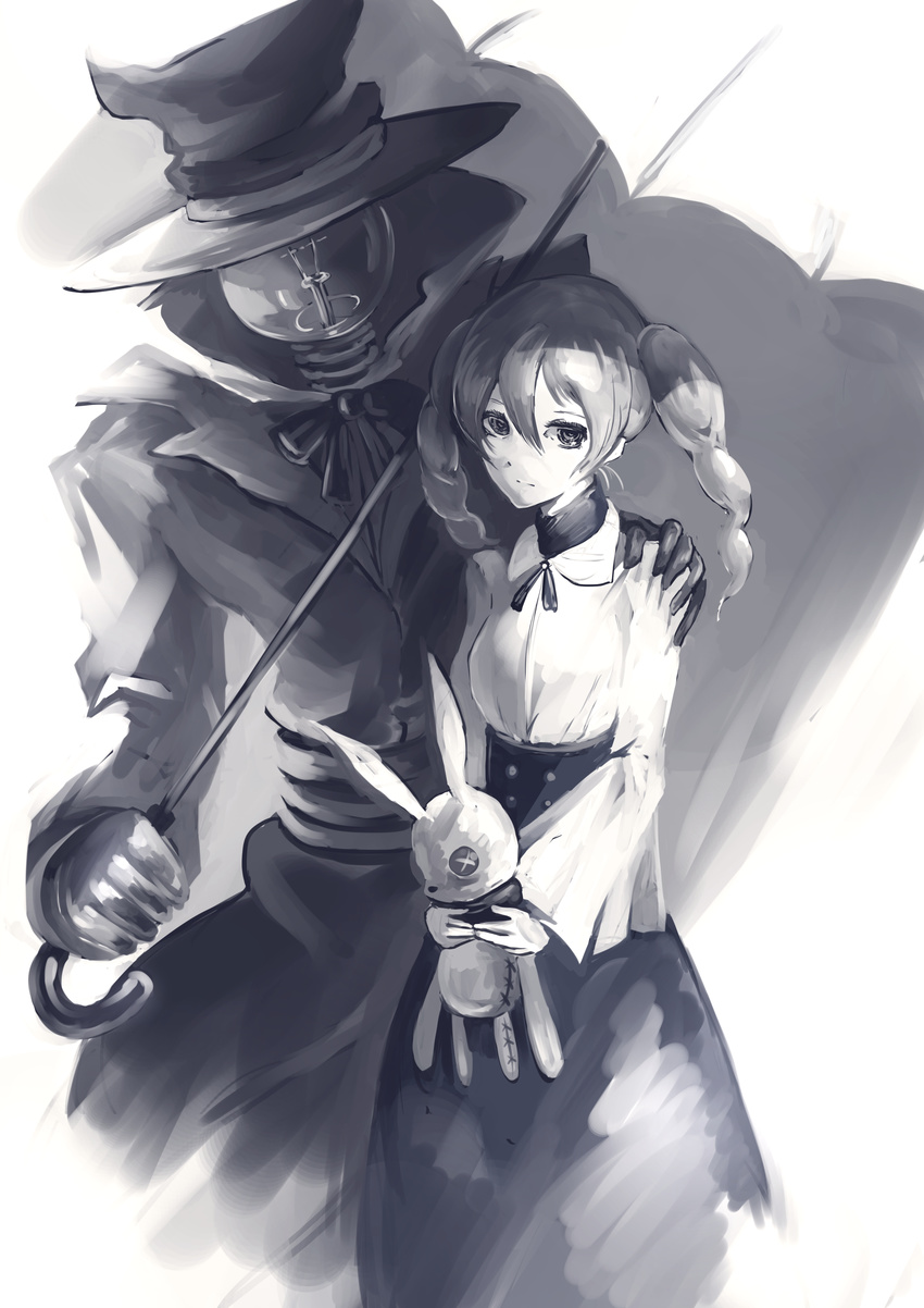 1boy 1girl cane hat lightbulb monochrome original sword tagme top_hat trenchcoat twintails weapon