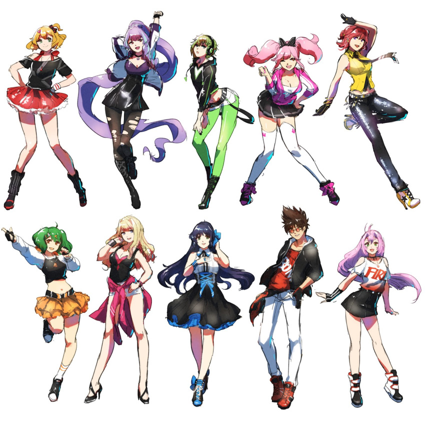 1boy 6+girls :d ;d absurdly_long_hair arm_up black_bow black_footwear black_gloves black_jacket black_legwear black_neckwear black_pants black_shirt black_skirt blue_hair boots bow breasts brown_hair cleavage clothes_around_waist collarbone contrapposto dress_shirt fingerless_gloves freyja_wion glasses gloves green_eyes green_hair green_legwear hair_bow hair_ornament hand_in_hair hand_in_pocket hands_on_hips hands_on_lap headphones heart heart_hair_ornament high-waist_skirt high_heels high_ponytail highres hood hood_down hooded_jacket index_finger_raised jacket jewelry kaname_buccaneer large_breasts layered_skirt leaning_forward leg_up legwear_under_shorts long_hair long_sleeves looking_at_viewer lynn_minmay macross macross_7 macross_delta macross_frontier makina_nakajima medium_breasts midriff mikumo_guynemer miniskirt multiple_girls mylene_jenius navel necklace necktie nekki_basara off-shoulder_shirt off_shoulder one_eye_closed one_side_up open_clothes open_jacket open_mouth orange-framed_eyewear orange_skirt pants pantyhose pink_hair pink_jacket pink_sweater pleated_skirt polka_dot polka_dot_bow pumps purple_hair ranka_lee red_eyes red_hair red_shirt red_skirt reina_prowler round_eyewear sheryl_nome shimatani_azu shiny shiny_clothes shirt short_hair short_shorts short_sleeves shorts shoulder_cutout simple_background sketch skirt sleeveless smile standing standing_on_one_leg stomach sweater sweater_around_waist sweater_removed thighhighs torn_clothes torn_legwear twintails very_long_hair white_background white_legwear white_pants white_shirt white_shorts white_sleeves zettai_ryouiki