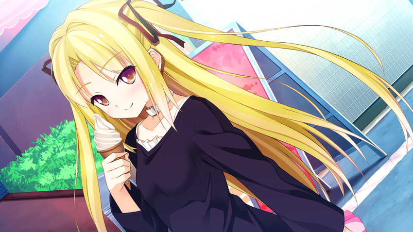 1girl blonde_hair blush closed_mouth collar collarbone female frills game_cg ichiban_janakya_dame_desu_ka? kinta_(distortion) long_hair long_sleeves looking_at_viewer orange_eyes rosebleu smile solo twintails yamanoue_amawa