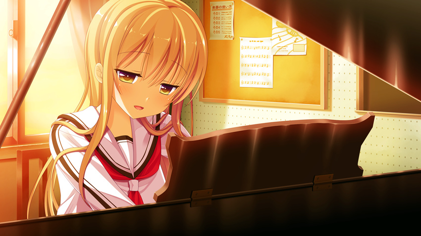 1girl blonde_hair female futaba_hisui game_cg ichiban_janakya_dame_desu_ka? kinta_(distortion) long_hair long_sleeves looking_at_viewer open_mouth piano rosebleu school_uniform solo yellow_eyes