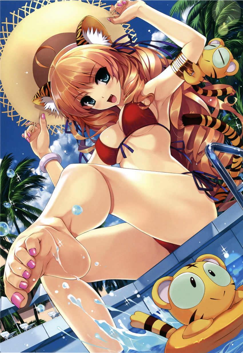 absurdres ahoge animal animal_ears barefoot bikini blonde_hair blue_eyes blush breasts cleavage copyright_request curly_hair fang feet hairband happy hat highres huge_filesize jewelry long_hair looking_at_viewer misaki_kurehito nail_polish orange_hair pool sitting sky smile soles solo stuffed_animal stuffed_toy swimsuit tail toe_scrunch toes tree water water_float