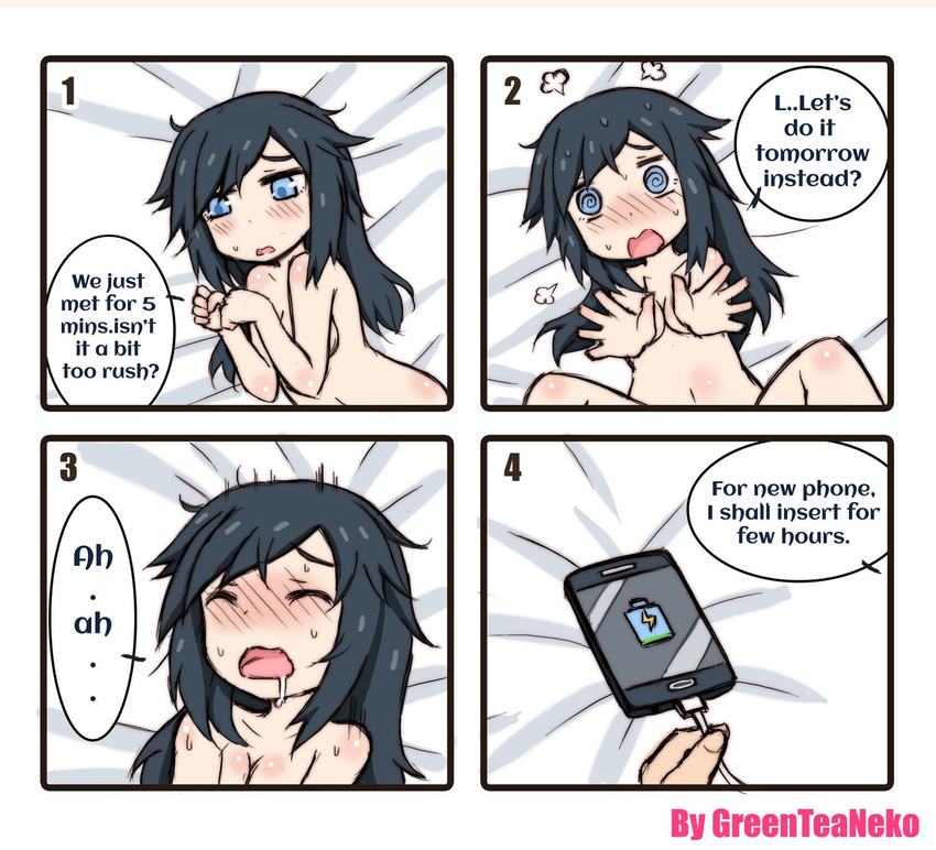 @_@ artist_name bed black_hair blue_eyes blush breasts cellphone cleavage comic drooling english engrish greenteaneko highres long_hair medium_breasts navel nude numbered_panels open_mouth original personification phone ranguage sexually_suggestive smartphone source_request spread_legs sweat