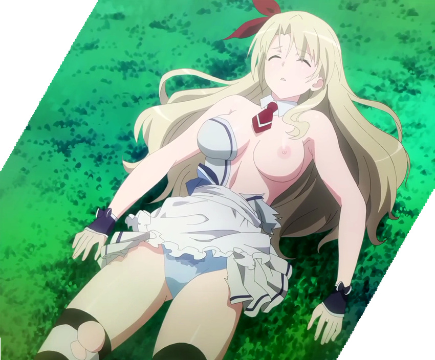1girl alicia_(queen's_blade) alicia_(queen's_blade) blonde_hair breasts eyes_closed lying nipples panties queen's_blade queen's_blade queen's_blade_grimoire screencap solo stitched underwear