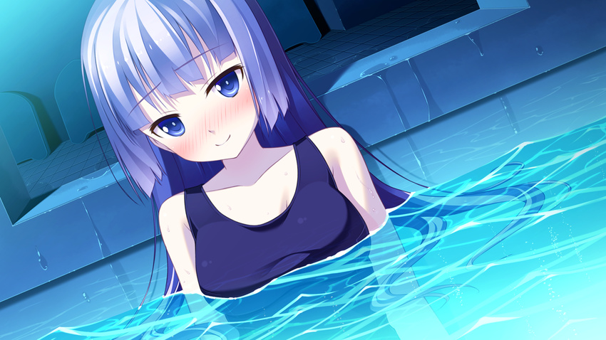 1girl bare_shoulders blue_eyes blush collarbone female game_cg ichiban_janakya_dame_desu_ka? kinta_(distortion) long_hair looking_at_viewer mitsuki_ruri one-piece_swimsuit purple_hair rosebleu smile solo swimsuit water