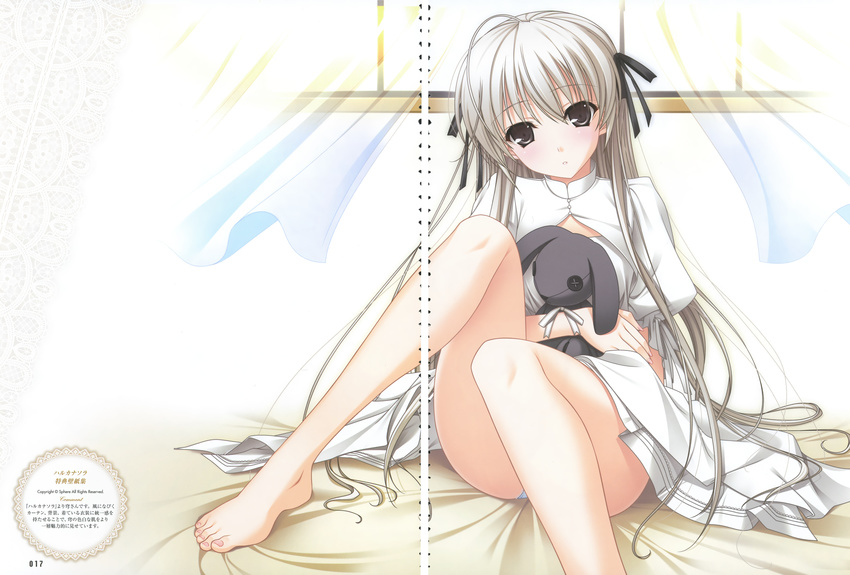 1girl absurdres barefoot bent_knees blush dengeki_moeoh dengeki_moeoh_2013-02 dress feet female highres kasugano_sora komori_kei legs long_hair looking_at_viewer scan silver_eyes sitting solo straight_hair stuffed_animal stuffed_bunny stuffed_toy tied_hair toes twintails white_dress white_hair white_outfit yosuga_no_sora