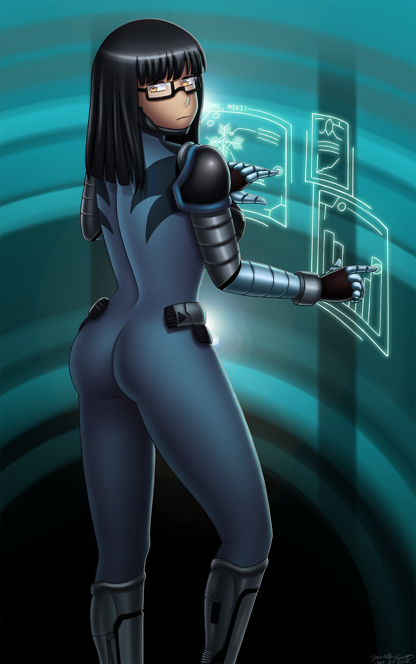 1girl android ass black_hair bodysuit breasts brown_eyes display female from_behind glasses large_breasts long_hair looking_at_viewer looking_back mr_creeping_deth original robot robot_girl skin_tight solo standing