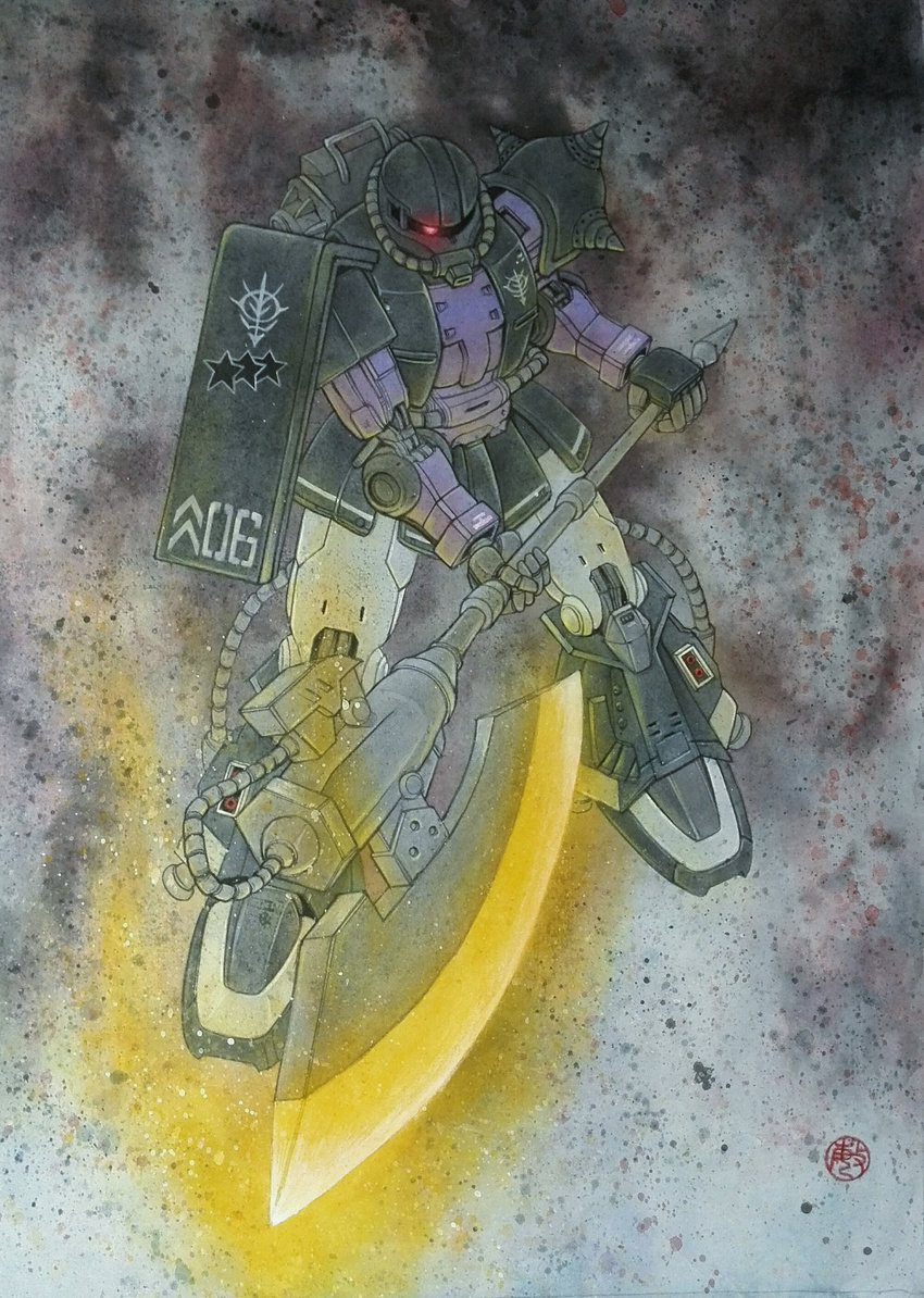 absurdres axe black_tri-stars gundam highres kakucyuudoku mecha mobile_suit_gundam star watermark weapon zaku zaku_ii_black_tri-stars_custom zeon