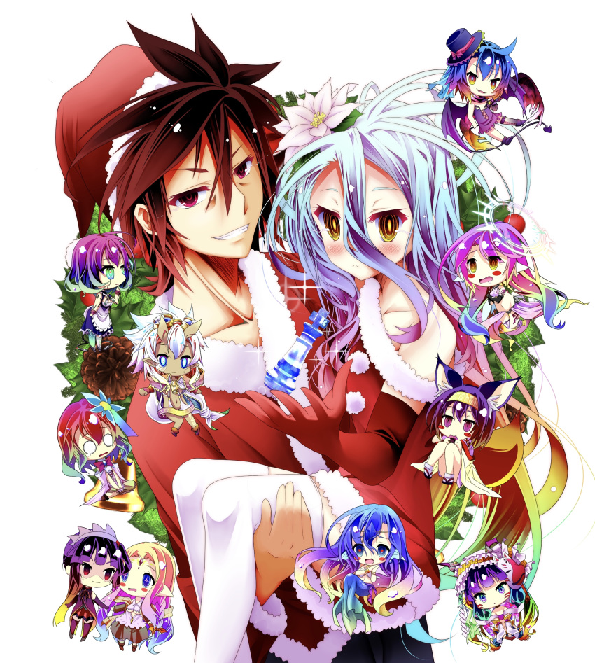 2boys 6+girls absurdres angel_wings animal_ear_fluff animal_ears bare_shoulders bell blonde_hair blue_eyes blue_hair blush blush_stickers boots bow bowtie bracelet braid breasts brown_hair character_request chess_piece chibi chibi_inset christmas clammy_zell closed_mouth crop_top dark_skin demon_tail demon_wings dress drooling elbow_gloves elf feathered_wings feel_nilvalen flower forehead_jewel fox_ears fox_mask fox_tail fur_trim geta gloves goggles goggles_on_head gradient_eyes gradient_hair green_eyes grin hair_bell hair_between_eyes hair_flower hair_ornament hair_rings hairband halo hat hatsuse_izuna heart heart-shaped_pupils highres horns horou_(no_game_no_life) japanese_clothes jewelry jibril_(no_game_no_life) kimono king_(chess) laira_(no_game_no_life) large_breasts long_hair looking_at_viewer low_wings magic_circle maid_dress mask mechanical_parts mermaid messy_hair midriff mimi0846 mismatched_legwear monster_girl multicolored multicolored_eyes multicolored_hair multiple_boys multiple_girls navel no_game_no_life open_mouth parted_lips pink_eyes pink_hair plum_(no_game_no_life) pointy_ears purple_eyes purple_hair red_gloves red_hair santa_costume santa_hat scarf shell shell_bikini shiro_(no_game_no_life) short_hair short_kimono smile sora_(no_game_no_life) spiked_hair stephanie_dora symbol-shaped_pupils tabi tail tattoo thighhighs trap underboob veil very_long_hair white_hair white_legwear white_wings wing_ears wings yellow_eyes ymirein_(no_game_no_life)