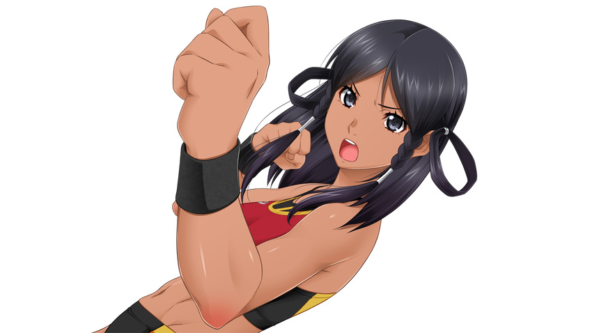 1girl angry bare_shoulders black_eyes black_hair braid breasts buruma clenched_hands clipping_chronicle dark_skin fighting_stance game_cg gentle_sasaki highres long_hair looking_at_viewer navel open_mouth raised_eyebrows serious simple_background sleeveless solo sports_bra standing track_uniform twin_braids white_background