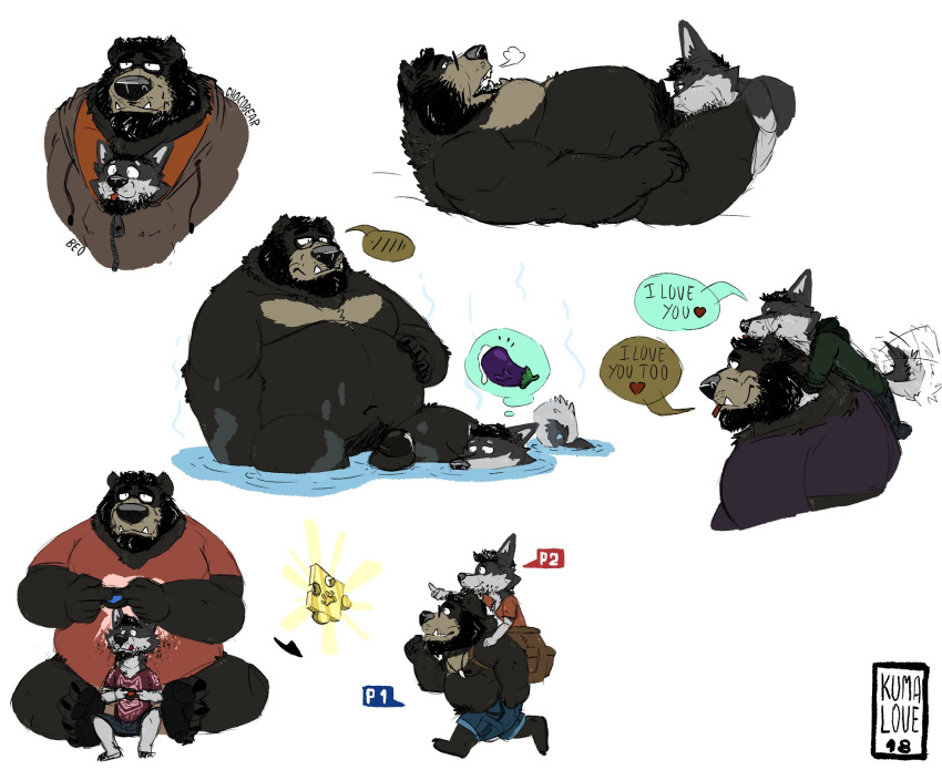 &lt;3 2019 anthro belly black_bear black_fur canid canine canis clothing controller cum domestic_dog dualshock_4 duo english_text erection fur game_controller grandbearkuma1 hoodie humanoid_hands male male/male mammal moon_bear navel oral overweight overweight_male penis playstation playstation_4 playstation_controller sex shirt shorts simple_background sitting sony text tongue tongue_out ursid ursine video_games water wet white_background