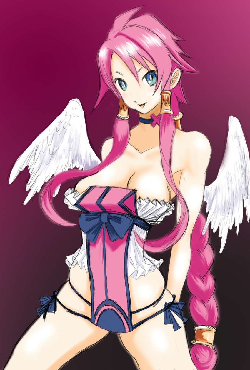 1girl artina_(disgaea) blue_eyes braid breasts cleavage disgaea female large_breasts long_hair looking_at_viewer makai_senki_disgaea_4 nippon_ichi pink_hair smile solo vulcanus_(disgaea_4) wings