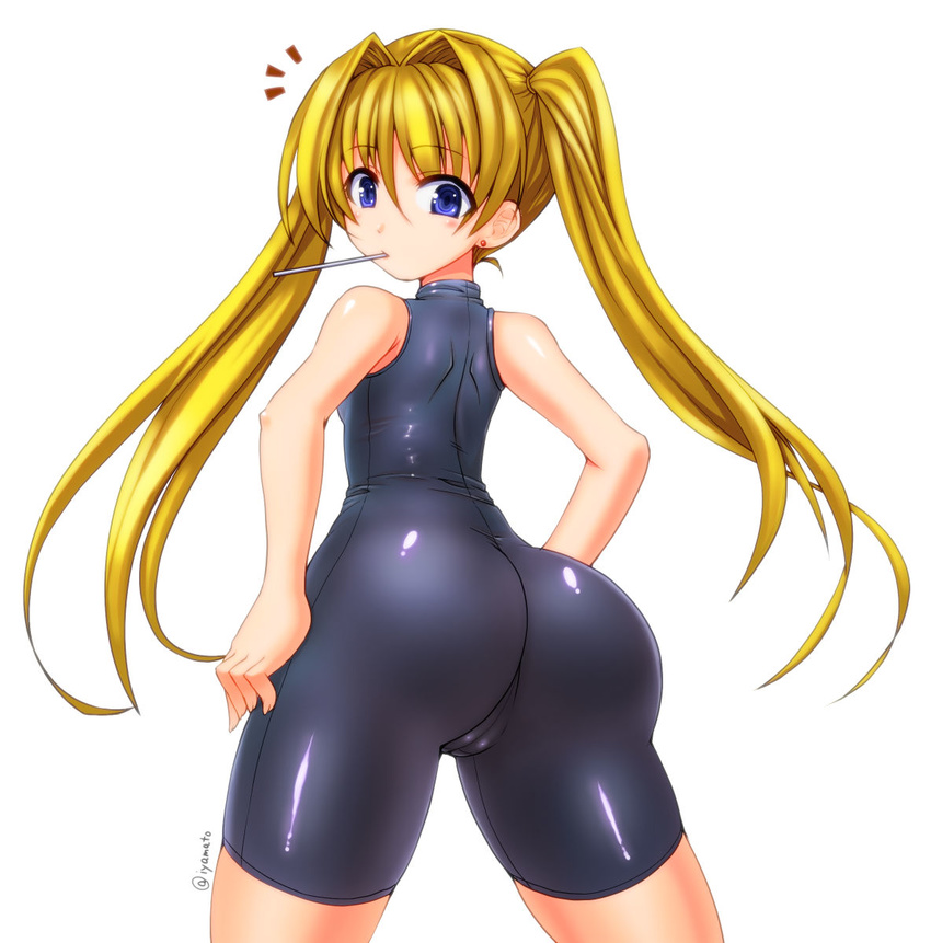 1girl artist_request ass backboob bare_shoulders blonde_hair blue_eyes blush breasts candy character_request earrings from_behind huge_ass iyamato jewelry lollipop long_hair looking_at_viewer looking_back shiny shiny_clothes small_breasts solo source_request surprised twintails