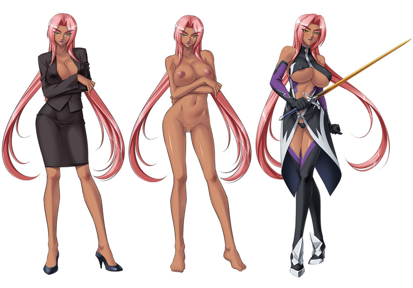 1girl breasts business_suit female ingrid_(taimanin_asagi) kagami_hirotaka large_breasts long_hair nipples nude pink_hair taimanin_asagi taimanin_murasaki very_long_hair