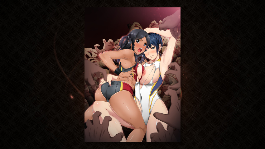 2girls areolae armpits ass ass_grab bare_arms bare_legs bare_shoulders black_eyes black_hair blue_eyes blue_hair blush braid breast_press breasts buruma clipping_chronicle dark_skin game_cg gentle_sasaki hair_bun highres huge_breasts imminent_rape large_breasts legs long_hair looking_at_viewer multiple_girls nipples open_mouth short_hair simple_background sitting sleeveless sports_bra sweat swimsuit tan thighs torn_clothes track_uniform twin_braids