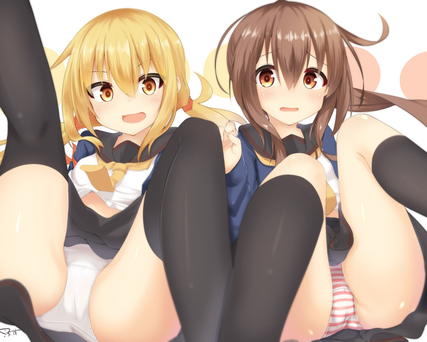 2girls absurdres bangs black_legwear black_skirt blonde_hair blush brown_eyes brown_hair eyebrows_visible_through_hair fumizuki_(kantai_collection) fuusuojisan hair_between_eyes highres kantai_collection long_hair long_sleeves looking_at_viewer low_twintails multiple_girls neckerchief open_mouth panties polka_dot polka_dot_background remodel_(kantai_collection) sailor_collar satsuki_(kantai_collection) school_uniform serafuku skirt striped striped_panties thighhighs thighs twintails underwear white_panties yellow_eyes yellow_neckwear