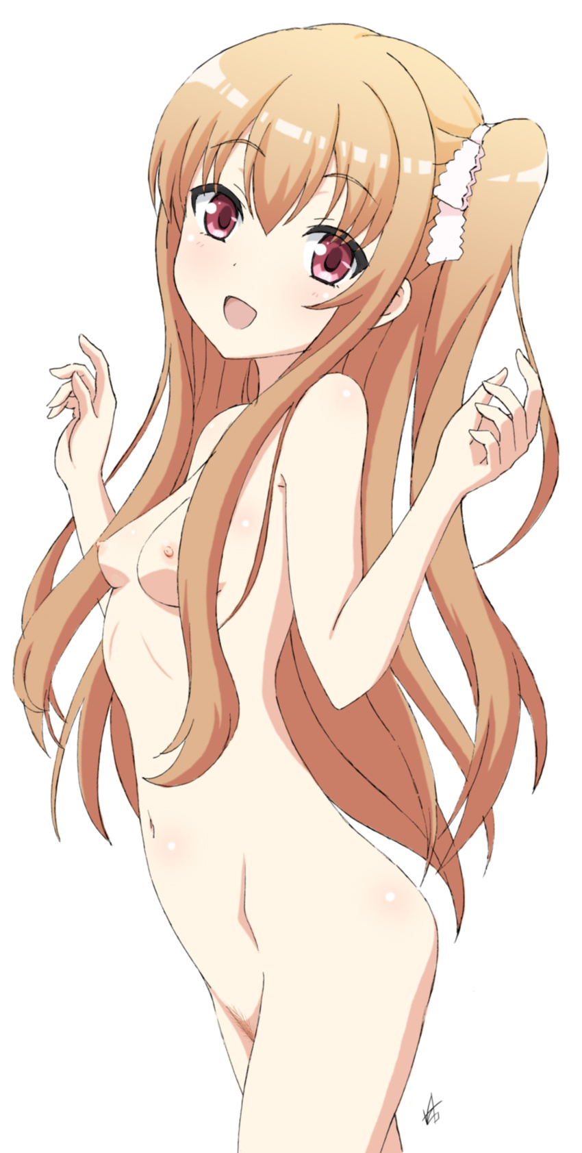 1girl :d areolae asahina_momoko blush breasts brown_hair female from_side girlfriend_(kari) hair_ornament hair_ribbon long_hair looking_at_viewer navel nipples nude open_mouth pubic_hair red_eyes ribbon signature simple_background small_breasts smile solo surprised_arms vzmk2 white_background