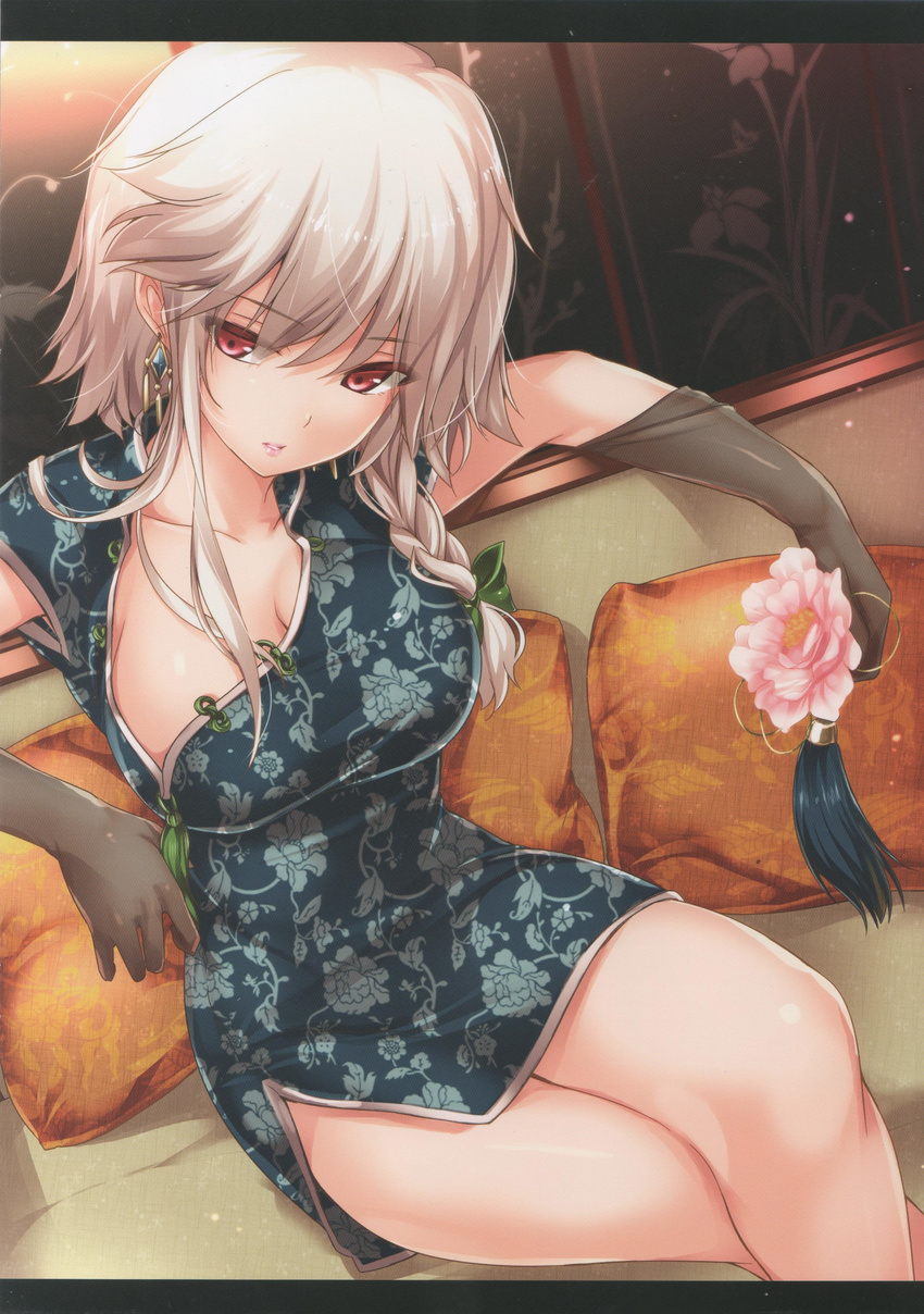 1girl absurdres braid breasts china_dress chinese_clothes cleavage collarbone detached_sleeves dress earrings elbow_gloves flower gloves highres holding izayoi_sakuya jewelry large_breasts legs legs_crossed lipstick long_hair looking_at_viewer makeup moneti_(daifuku) open_clothes pillow red_eyes serious shiny shiny_hair shiny_skin single_braid sitting solo thighs touhou white_hair