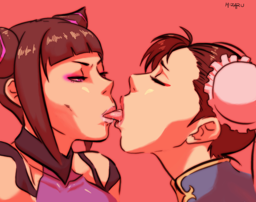 2girls bun_cover capcom chun-li double_buns eyes_closed eyeshadow french_kiss hair_bun han_juri kiss makeup mizaru multiple_girls street_fighter street_fighter_iv tongue yuri