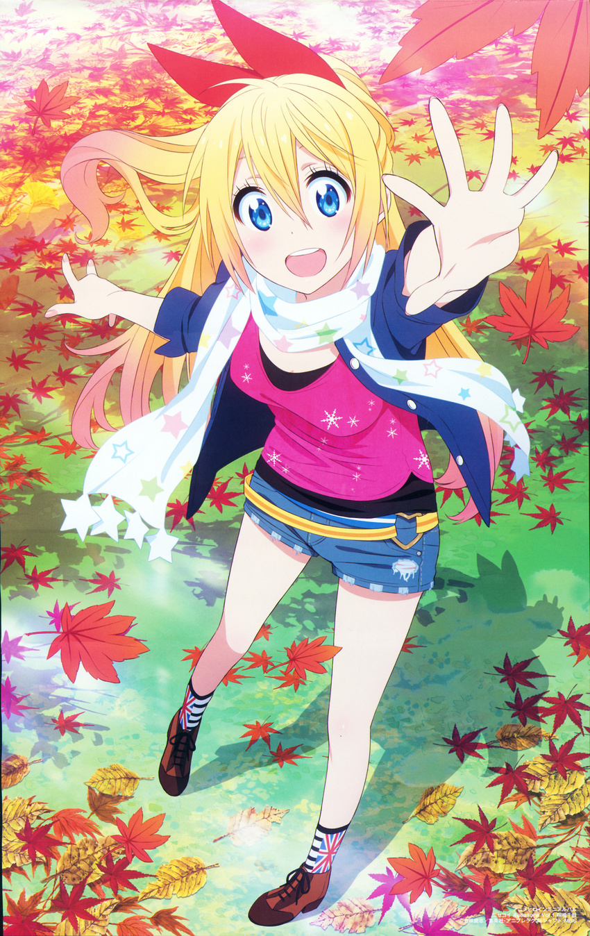 1girl absurdres blonde_hair blue_eyes hair_ribbon highres kirisaki_chitoge leaf long_hair maple_leaf nail_polish nisekoi official_art ribbon scan scarf shoes short_shorts shorts smile