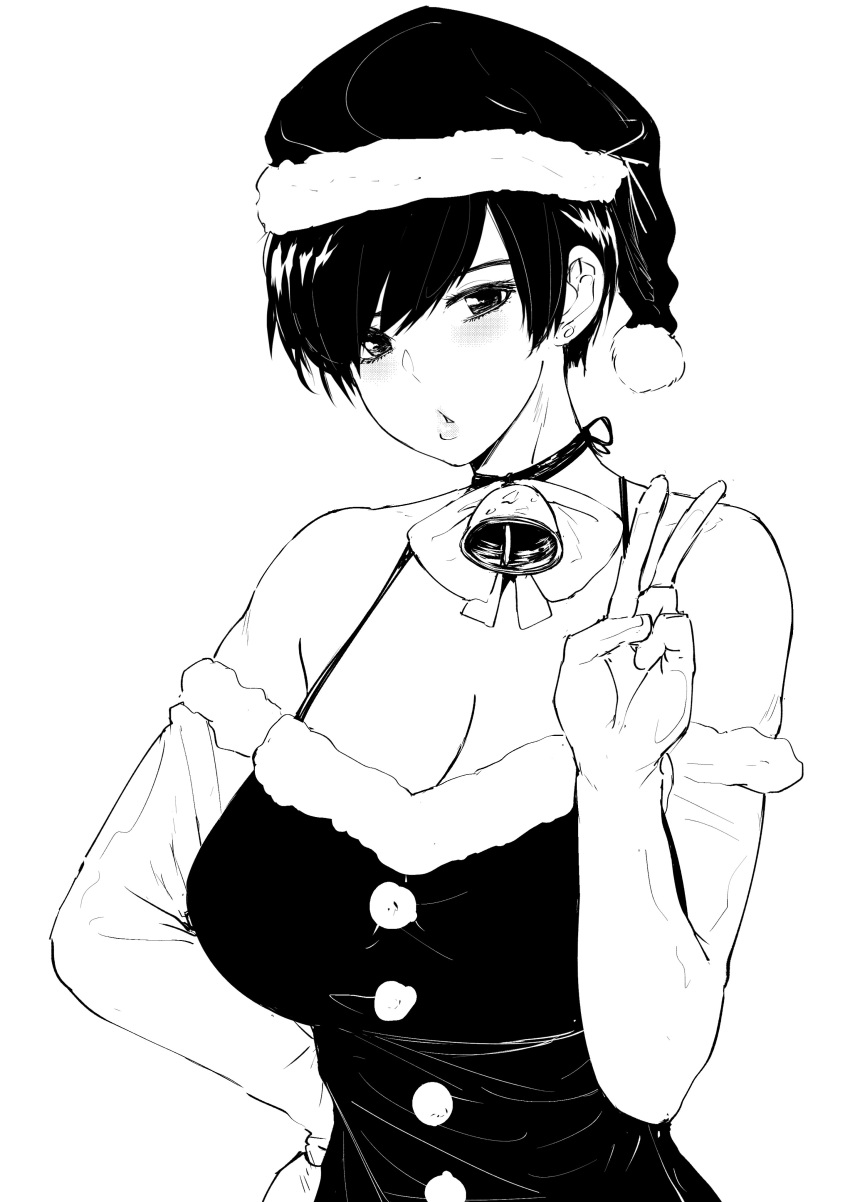 1girl absurdres bell bell_collar blush breasts cleavage collar elbow_gloves gloves greyscale hand_on_hip hat highres monochrome norman_maggot olive_laurentia original santa_costume santa_hat short_hair simple_background solo upper_body v white_background