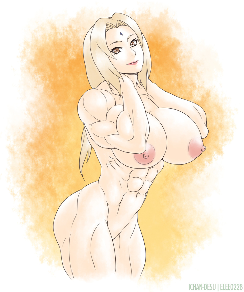 1girl abs biceps blonde_hair breasts brown_eyes cleavage elee0228 erect_nipples facial_mark female forehead_mark huge_breasts ichan-desu lips long_hair looking_at_viewer muscle naruto nipples nude pose smile solo thighs toned tsunade