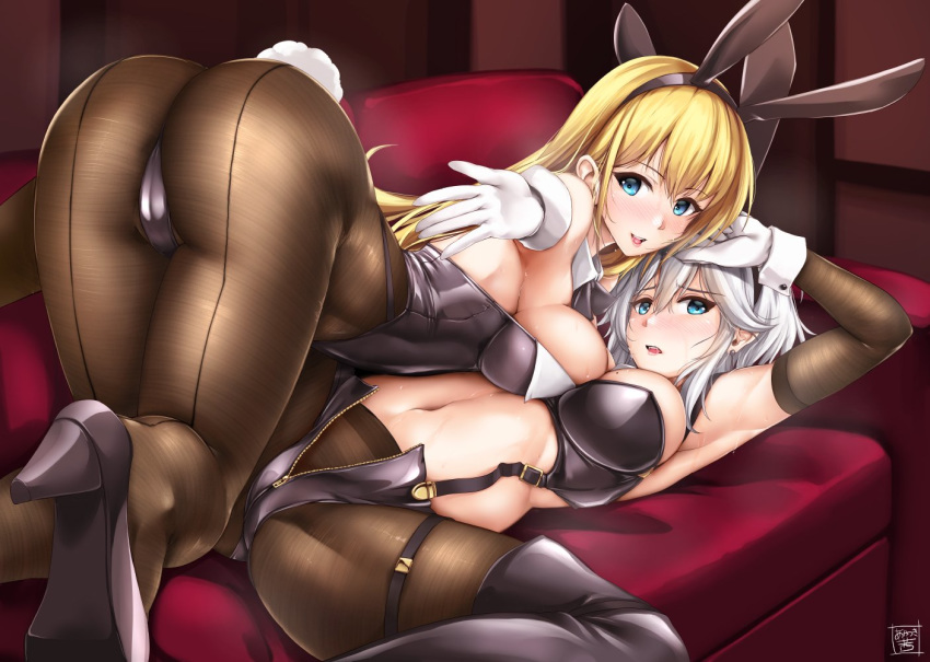 2girls akatsuki_akane animal_ears arm_up armpits asymmetrical_docking azur_lane bangs bare_shoulders beckoning black_footwear black_leotard blonde_hair blue_eyes boots breast_press breasts brown_legwear bunny_ears bunny_girl bunny_tail bunnysuit cleavage couch detached_collar detached_sleeves elbow_gloves eyebrows_visible_through_hair fake_animal_ears girl_on_top gloves hair_between_eyes hairband high_heels indoors large_breasts leotard long_hair looking_at_viewer mole mole_on_breast multiple_girls navel north_carolina_(azur_lane) open_mouth pantyhose saliva short_hair signature silver_hair smile stomach sweat tail thigh_boots thigh_strap thighhighs washington_(azur_lane) white_gloves white_hair wrist_cuffs