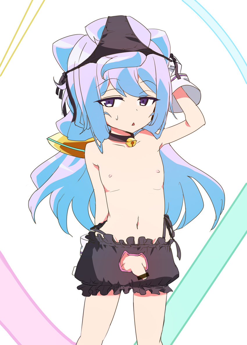 belly black_panties blue_hair cat_keyhole_bra censored flaccid foreskin gloves hacka_doll hacka_doll_3 hair_ribbon little_penis long_hair male_focus mizugensui nipples panties panties_on_head penis purple_eyes ribbon simple_background solo testicles trap underwear very_long_hair white_gloves