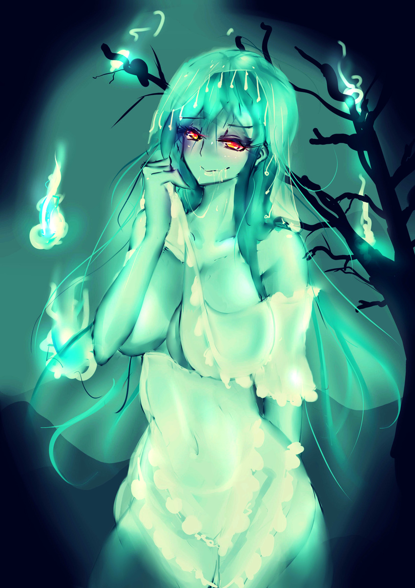 absurdres aqua aqua_hair aqua_skin bare_tree blue_fire breasts ectoplasm fire floating floating_object ghost highres hitodama lapaco large_breasts long_hair long_sleeves looking_at_viewer midriff navel original red_eyes see-through smile solo tree veil