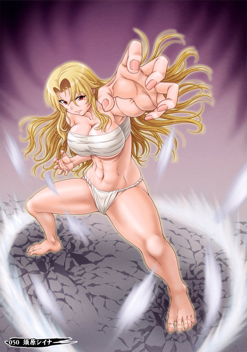 &gt;:) 1girl abs artist_name bangs barefoot blonde_hair breasts cleavage closed_mouth crack daidouji_(senran_kagura) feet fighting_stance floating_hair foreshortening full_body fundoshi groin hair_between_eyes hips large_breasts legs_apart light_smile long_hair misnon_the_great mole mole_under_eye outline outstretched_arm page_number red_eyes scan senran_kagura senran_kagura_shinovi_versus sidelocks smile solo standing thighs toes toned underboob underwear underwear_only very_long_hair wind