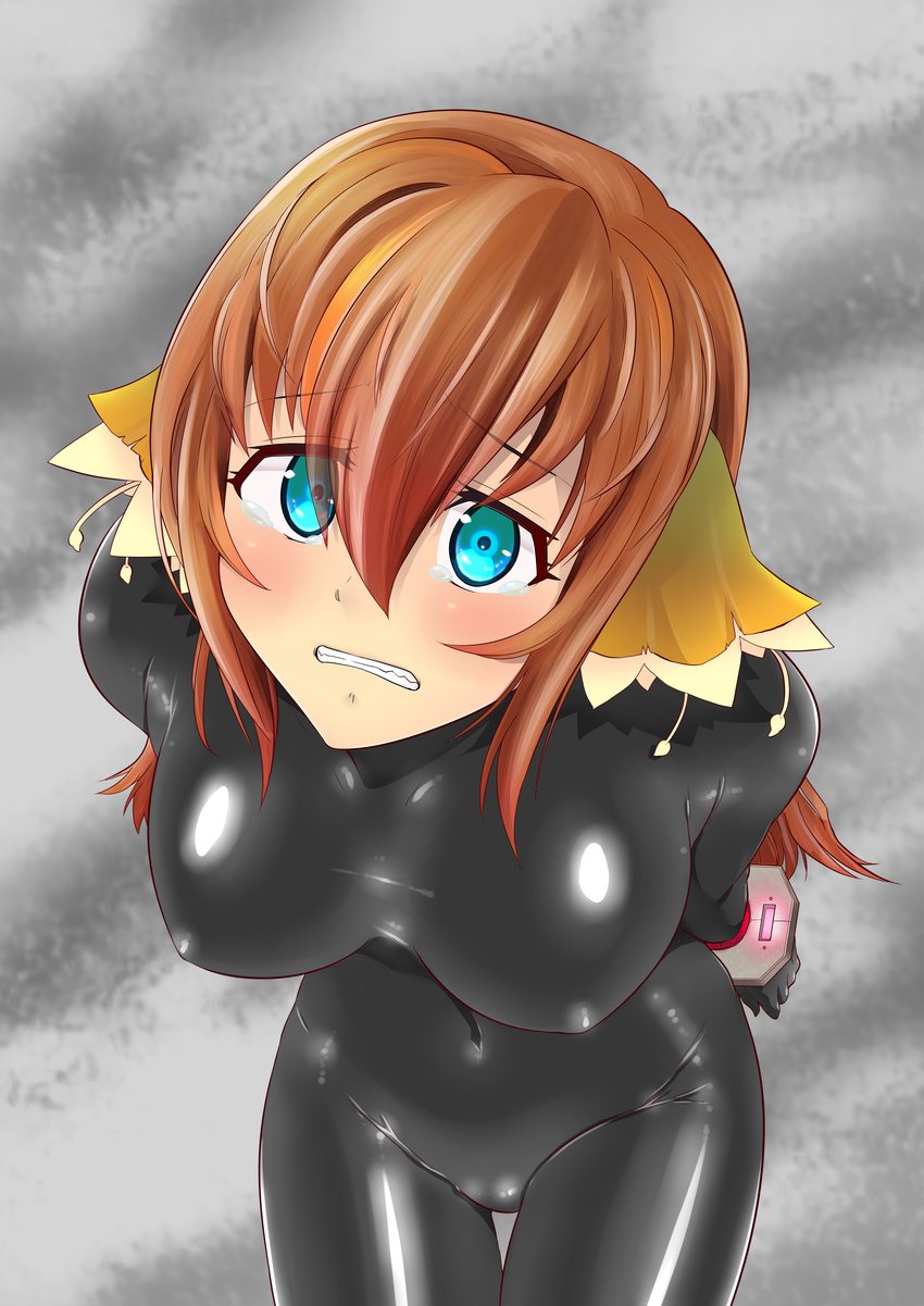 aqua_eyes arms_behind_back bdsm blue_eyes blush bondage bound breasts brown_hair ciel_nosurge clenched_teeth cuffs erect_nipples flower hair_flower hair_ornament handcuffs highres ionasal_kkll_preciel latex latex_suit leaning_forward long_hair looking_at_viewer shiny shiny_clothes simple_background skin_tight solo standing tears teeth tied_up