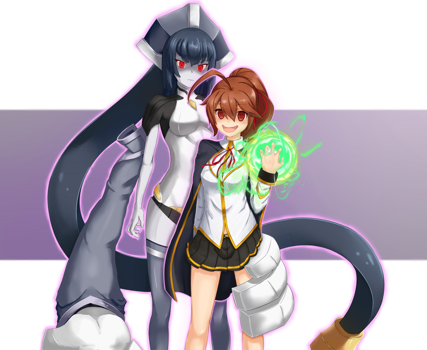 1girl ahoge android angry arc_system_works artist_request aura blazblue blush breasts brown_hair cape celica_a_mercury chaoschao creepy glowing glowing_eyes long_hair looking_at_viewer minerva_(blazblue) open_mouth ponytail rape_face red_eyes robot robot_girl school_uniform shaded_face shiny shiny_hair shiny_skin skirt smile wavy_mouth