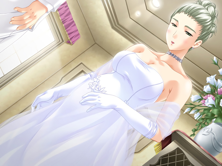 1girl bare_shoulders blush breasts choker dutch_angle earrings elbow_gloves game_cg gloves hair_bun highres indoors jewelry large_breasts lucha! male_hand milf no_bra pregnant red_lipstick todoroki_kayo upscaled waifu2x wedding_dress yoyogi_hitozuma_senmon_gakuin