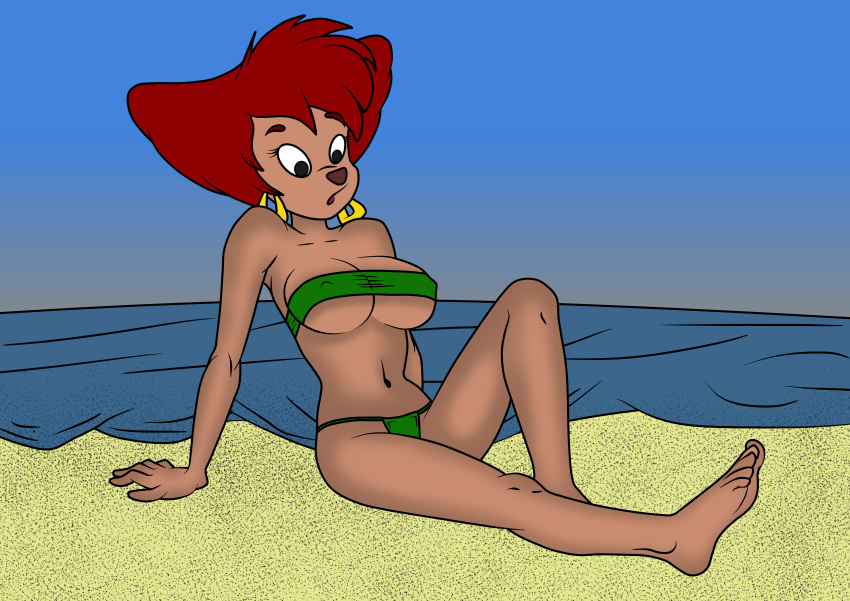2018 5_fingers 5_toes a-fitzga absurd_res anthro beach big_breasts bikini black_nose breasts canid canine canis cleavage clothed clothing disney domestic_dog ear_piercing female goof_troop hair hi_res mammal mature_female midriff navel nipple_outline outside peg_pete piercing red_hair seaside short_hair sitting solo swimsuit toes under_boob water
