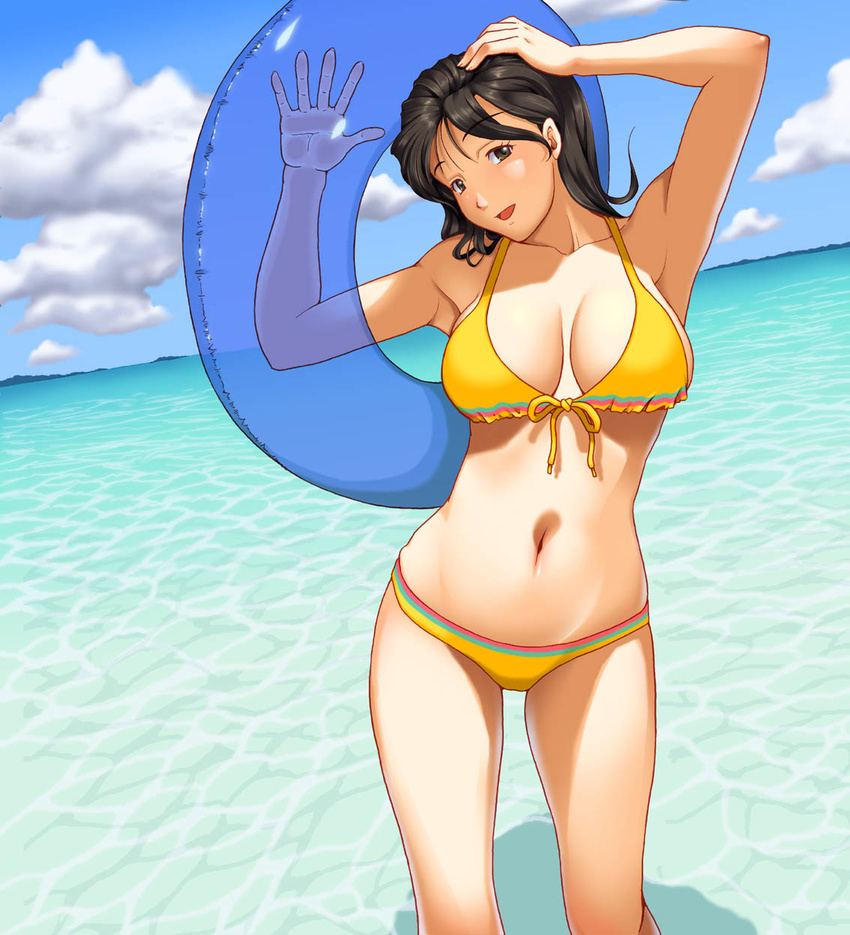 armpits beach bikini black_hair breasts brown_eyes day dutch_angle front-tie_top hands highres innertube kawanuma_uotsuri large_breasts long_hair original shadow solo swimsuit thigh_gap transparent