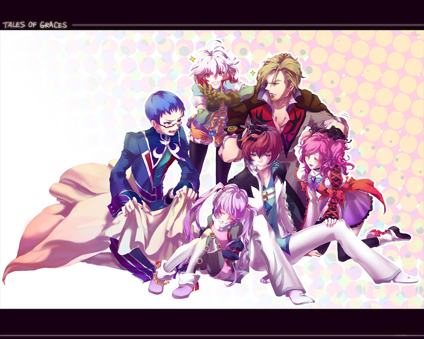 3girls asbel_lhant bad_id bad_pixiv_id blue_hair brown_hair cheria_barnes copyright_name glasses gradient_hair hubert_ozwell malik_caesars multicolored_hair multiple_boys multiple_girls pascal purple_hair purple_skirt red_hair skirt sophie_(tales) tales_of_(series) tales_of_graces tom@tog twintails two_side_up white_hair