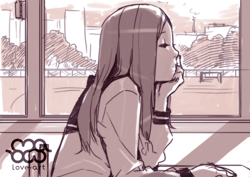 bored closed_mouth commentary_request eyelashes from_side half-closed_eyes hand_on_own_face head_rest indoors long_hair long_sleeves mama_(mama_hiro) monochrome original pink school_uniform serafuku solo upper_body window