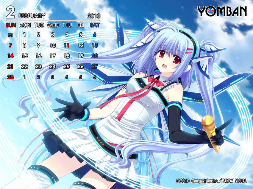 2010 blue_hair calendar_(medium) cloud day elbow_gloves fang february gloves long_hair microphone musical_note nishimata_aoi red_eyes skirt sky solo thighhighs twintails wallpaper wings yomban