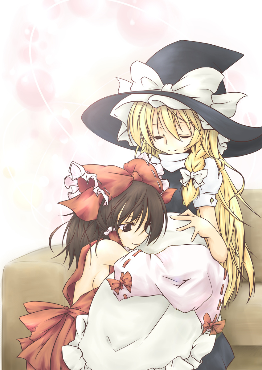 absurdres blonde_hair braid breasts brown_hair closed_eyes commentary_request detached_sleeves hakurei_reimu hat head_on_another's_stomach highres hug ips_cells kirisame_marisa long_hair medium_breasts megira_meltingpot multiple_girls pregnant sideboob smile touhou witch_hat yuri